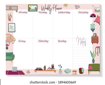 Stay at home. Set of stylish scandinavian apartment design elements for self-isolation during quarantine and other use. Cozy furnished living room, Flat vector cartoon illustration. Weekly planner