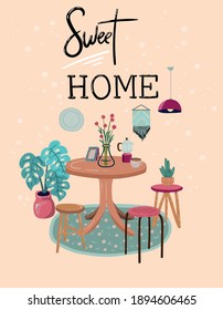 Stay at home. Set of stylish scandinavian apartment design elements for self-isolation during quarantine and other use. Cozy furnished living room, Flat vector cartoon illustration 