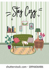 Stay at home. Set of stylish scandinavian apartment design elements for self-isolation during quarantine and other use. Cozy furnished living room, Flat vector cartoon illustration 