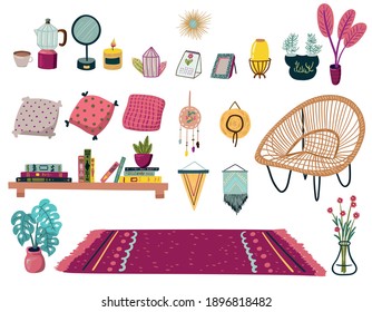 Stay at home. Set of stylish scandinavian apartment design elements for self-isolation during quarantine and other use. Flat vector cartoon illustration
