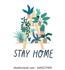 Stay home. Shelving with indoor plants on the balcony or in the apartment. Cartoon flat hand drawn illustration. 