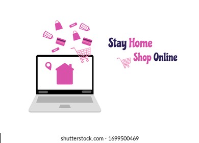 Stay home and shop online concept. Pink house on screen of laptop, creadit card, shopping cart and bag, on white background. Quarantine to save life from corona virus. 