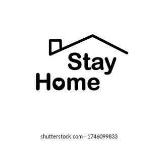 Stay at home sign isolated on white background. COVID 19 coronavirus logo. Stay home text under house roof with heart. Self isolation Virus prevention protection concept. Vector illustration