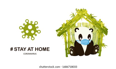 Stay Home Sign poster print with Cute Cartoon Panda. Colored cartoon animal character illustration isolated on white. Hand drawn design element for poster home self isolation, coronavirus quarantine