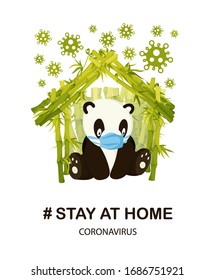 Stay Home Sign poster print with Cute Cartoon Panda. Colored cartoon animal character illustration isolated on white. Hand drawn design element for poster home self isolation, coronavirus quarantine