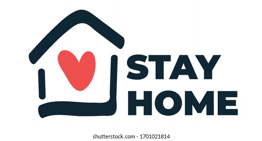 Stay home simple logo with text and house with heart inside connected with coronavirus and COVID-19 outbreak. For print, poster, logo, watermark, stickers or social networks posts.