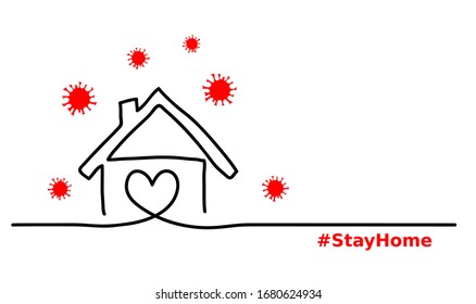 Stay home simple, minimalist black ,red, white web banner,illustration with home and virus. One continuous line drawing. Stay home hashtag.