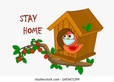 Stay at home slogan. Bird with mask and birdhouse. Protection campaign or measure prevention coronavirus. Stay home quote text. Corona virus campaign to stay at home. Social Distancing. Stock vector