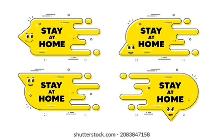 Stay home slogan. Cartoon face transition chat bubble. Coronavirus, COVID 19 quote. Quarantine message. Stay home pattern message. Character chat bubble. Vector