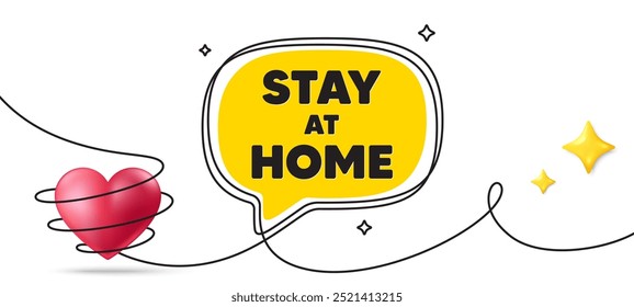 Stay home slogan. Continuous line art banner. Coronavirus, COVID 19 quote. Quarantine message. Stay home speech bubble background. Wrapped 3d heart icon. Vector