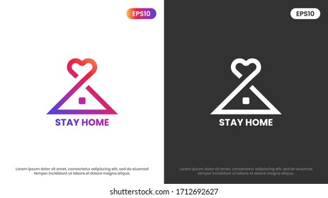 Stay at home slogan with house and Colorful  heart logo icon . COVID 19 or Corona virus prevention concept. protection logo. Vector Illustration.