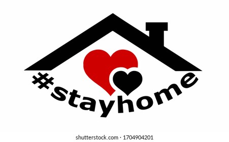 Stay home slogan with house and heart inside. Stay at home symbol for #stayhome social media campaign. Self isolation emblem for quarantine times.