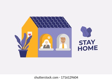 Stay from home slogan with house and heart. Protection awareness social media campaign or measure from coronavirus, Stay from home quote text, vector