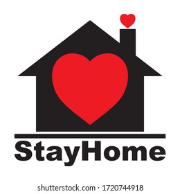 Stay at home slogan with house and heart inside. Protection campaign or measure from coronavirus, COVID--19. Stay home quote text, hash tag or hashtag. Coronavirus, COVID 19 protection logo.