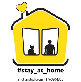 Stay at home slogan with house, human, cat and heart. Protection campaign or measure from coronavirus, COVID-19. Stay home quote text, hash tag or hashtag. Coronavirus, COVID 19 protection logo.