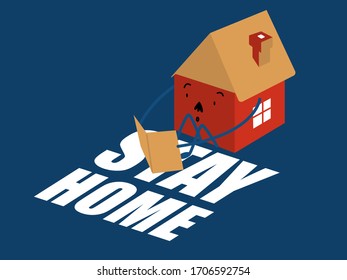 Stay at home slogan with house reading a book. House surprised character. Stay home quote text, hashtag. Coronavirus, COVID protection logo for social media campaign. Red home on blue background