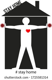 Stay at home slogan with house, roof and man inside. Protection humans from coronavirus, covid 19. Stay home quote, text, hashtag. Vector social illustration.