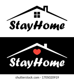 Stay at home slogan with house. Trendy hand lettering poster. Hand drawn calligraphy let`s stay home. Slogan for protection or measure from coronavirus, COVID-19.