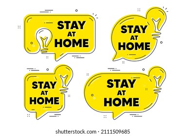 Stay home slogan. Idea yellow chat bubbles. Coronavirus, COVID 19 quote. Quarantine message. Stay home chat message banners. Idea lightbulb balloons. Vector