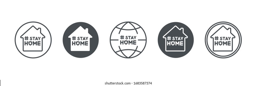 Stay home slogan to prevent the spread of the virus and infection. Quarantine precaution to stay safe from global virus problem. Flat line logos, signs with worldwide quote about corona virus. EPS 10