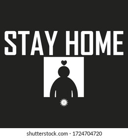 Stay at home slogan with window and man inside. Social distance concept. Protection humans from coronavirus, covid 19. Stay home quote, text, hashtag. Vector social illustration.