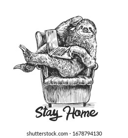 stay home sloth sitting in a chair relaxed with laptop style engraving sketch vector