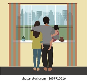 Stay at home! Social concept, self-isolation, staying at home, fighting the virus. The family is quarantined at home, looking out the window at the street.  Vector illustration.