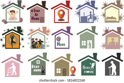 Stay At Home - Social distancing measures to prevent spread of Coronavirus - vector icons set. Protect youself and others   
