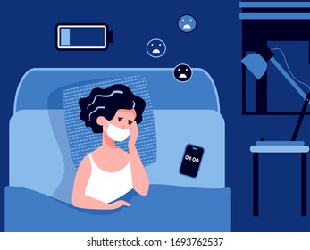 Stay at home, social distancing to protect from COVID-19, coronavirus protection concept. Woman with medical mask. Quarantine, pandemic. Health care. A woman suffers from insomnia due to bad news.