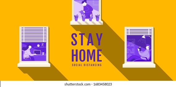 Stay Home, Social Distancing , Stop Covid-19 concept , People keeping distance for infection risk and disease, Coronavirus, Cartoon Character, Vector Illustration.