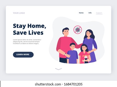 Stay home. Social media campaign and coronavirus prevention. A landing page with a family at home. All happy family - father, mother, and kids stay home. Vector flat illustration.