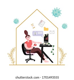 stay at home social media campaign for coronavirus prevention. Working at home concepts Woman working on her home computer. Vector illustration flat 