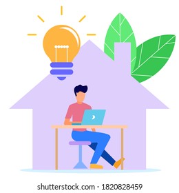 Stay at home social media campaign for coronavirus awareness and prevention. Vector illustration of young businessman working from home.