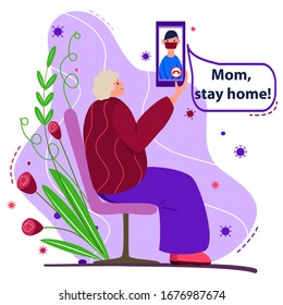 Stay at home! Son warns an elderly mother. Aged woman sits on bench outdoors. Coronavirus bacteria fly around. Sick man in mask on the phone screen. Poster, banner call for self isolation, quarantine