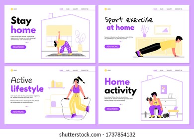 Stay home and sport activity indoors banners set cartoon vector illustration.