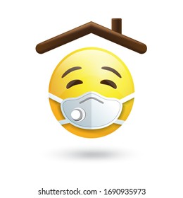 Stay Home Sticker Emoji, House Roof With Emojis In A Medical Mask