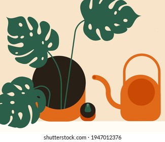 quédate en casa. Vida con ollas de flores. Moderno uso vectorial plano de la ilustración de concepto digital en proyectos y aplicaciones web.