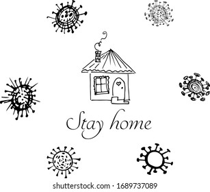 Stay at home. Stop coronavirus concept. Icon with bacteria around the house. Vector quarantine sign. Line drawing. Medical icon collection. COVID-19. 2019 Novel Coronavirus 2019-nCoV. SARS-CoV-2