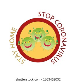 Stay Home and Stop Coronavirus Concepts. Virus model COVID-19. Virus model coronavirus 2019-nCoV. Yellow warning sign of danger. Illustration vector sticker icon isolated on white background.