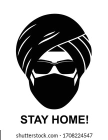 Stay Home, Stop The Coronavirus Covid-19. Warning Against The Spread Of The Pandemic. Isolated Sign Sikh Man In A Medical Mask On A White Background, Black-white, BW, Vector