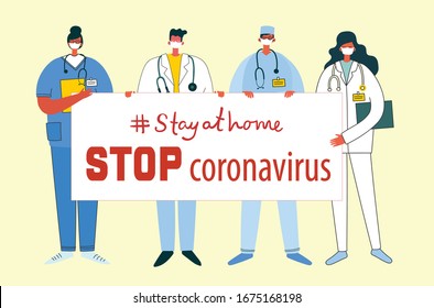 Stay at home. Stop coronavirus. People wearing protective medical mask for prevent virus Covid19 in the flat style