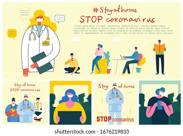 Stay at home. Stop coronavirus. People wearing protective medical mask for prevent virus Covid19 in the flat style
