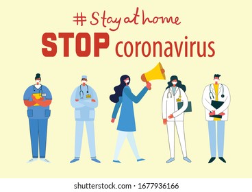 Stay at home. Stop coronavirus. People wearing protective medical mask for prevent virus Covid19 in the flat style