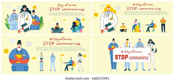 Stay at home. Stop coronavirus. People wearing protective medical mask for prevent virus Covid19 in the flat style
