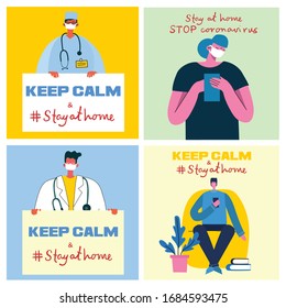 Stay at home. Stop coronavirus. People wearing protective medical mask for prevent virus Covid19 in the flat style