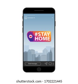 Stay home, story on smartphone screen. Vector illustration. NYC. 