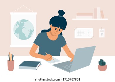 Bleiben Sie zu Hause, lernen Sie fern. E-Learning, Online-Bildung, Studenteninternetkurse. Cute Girl sitzt hinter einem Arbeitstisch, schreibt Schulunterricht, mit Laptop. Illustration von Arbeits- oder Lernprozessen