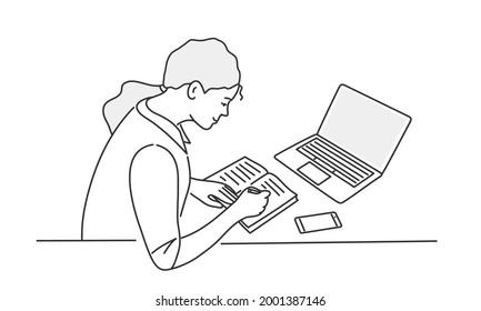 Stay at home, study remotely, online education. Young woman sitting behind work table and writing. Hand drawn vector illustration.