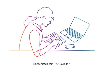 Stay At Home, Study Remotely, Online Education. Young Woman Sitting Behind Work Table And Writing. Rainbow Color. Sketch Vector Illustration.