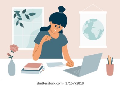 Bleiben Sie zu Hause, lernen Sie fern. Arbeiten oder Lernen mit Laptop. E-Learning, Online-Bildung Vektorillustration Illustration. Geräumiges Mädchen, das hinter dem Tisch sitzt und über Schulunterricht oder Arbeit nachdenkt.